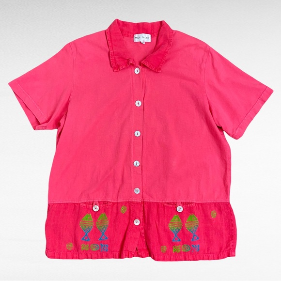 VINTAGE | 1970’s Pink Coastal Wild Orchid Linen Fish Print Button Down Shirt - Picture 6 of 15